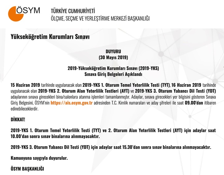 2019-YKS Sınava Giriş Belgeleri Açıklandı